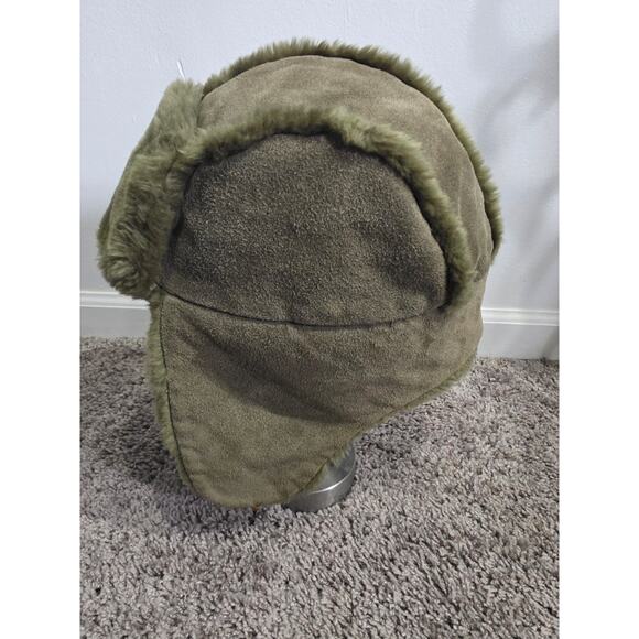 Vintage Gap Distressed Sherpa Fleece Lined Suede Leather Trapper Hat Green S/M - Picture 5 of 8
